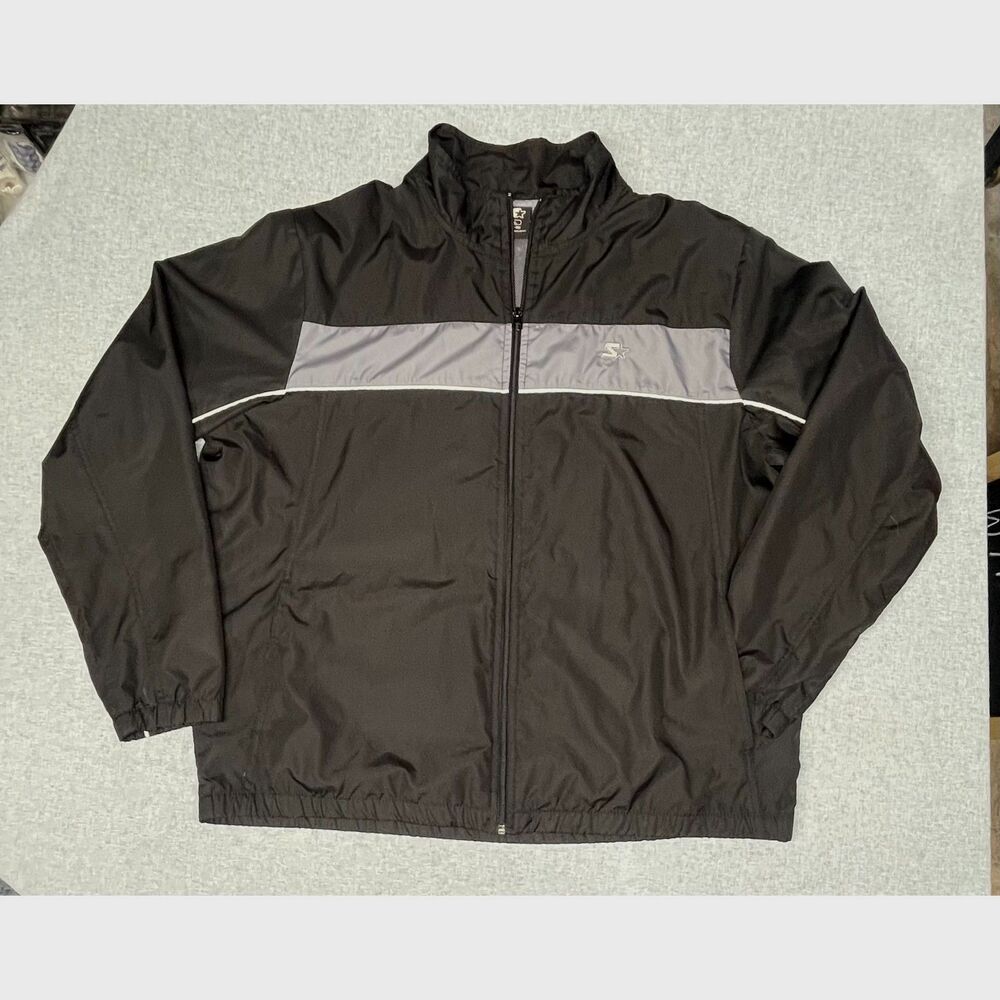 Starter XL Black Gray Full Zip Windbreaker Jacket Mesh Lined Athletic Coat